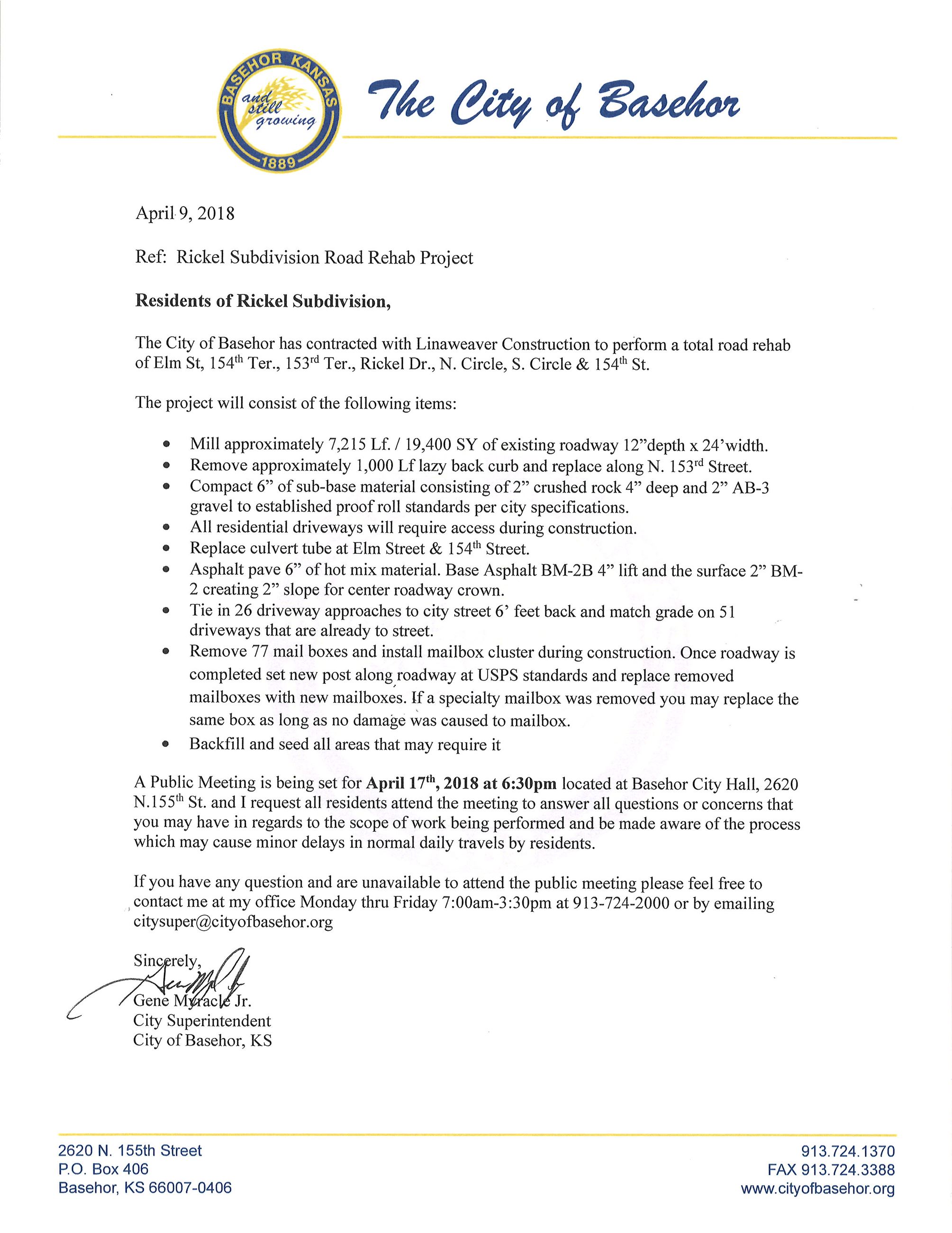 Rickel Subdivision Letter